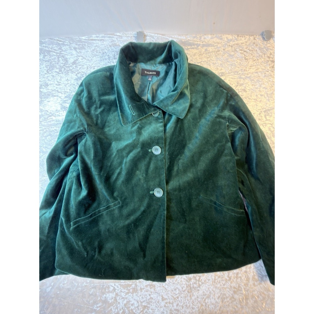 Talbots Jacket Women 6 Green Velvet Button Front Blazer Coat Holiday Classic